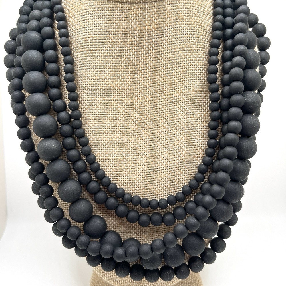 Charming Charlie Matte Black Rubberized Black Beaded Multi Strand Necklace 16"